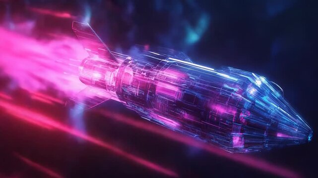 Glowing futuristic spacecraft traveling through dark space