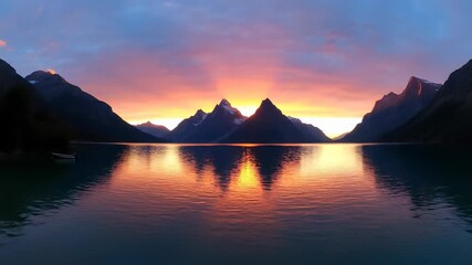 Mountainous landscape of serene lakeside scenery unfolds at sunset, featuring a tranquil lake with a solitary boat drifting on its surface, evoking feelings of peaceful contemplation and. - Powered by Adobe