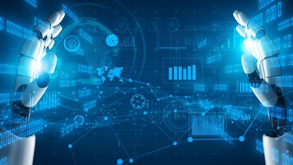 A cutting-edge representation of robotic hands interacting with a digital landscape filled with data visualizations, highlighting the fusion of technology and predictive analytics. Xenic