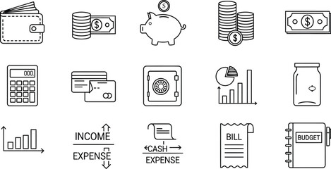 Budget and Finance Line Icon Set – Money, Savings, Expense, Wallet, Calculator, Piggy Bank, Charts – Black Outline Vector