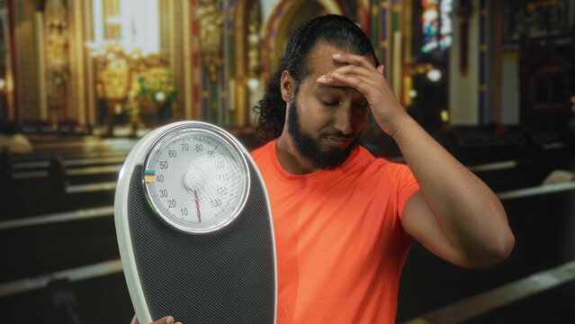 Man in bright orange shirt holding a scale with hand on forehead inside church building, looking at the dial and frowning; concern.