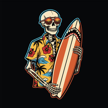 Skeleton surfer with surfboard on black background