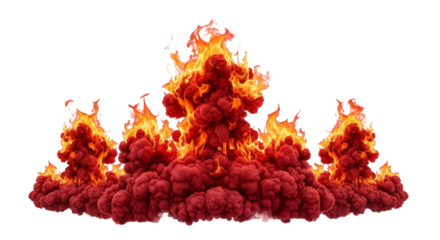 Intense fiery explosion with vibrant orange and red flames erupting upwards isolated on transparent background