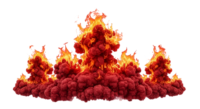 Intense fiery explosion with vibrant orange and red flames erupting upwards isolated on transparent background