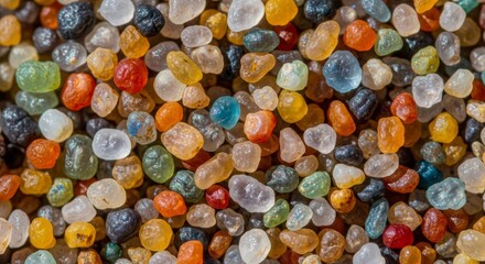 Vibrant close-up of colorful translucent sand grains creating a beautiful natural texture.