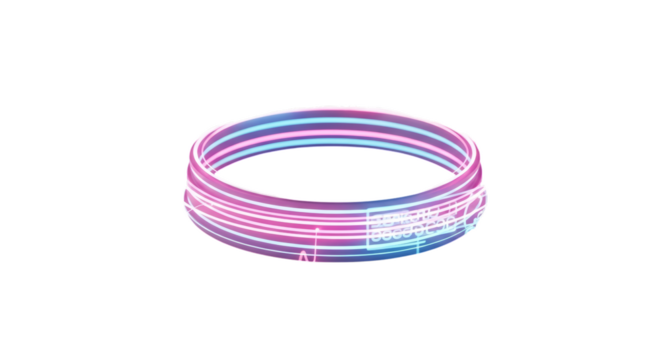 A glowing pink and blue light up bracelet with thin illuminated strands isolated on transparent background