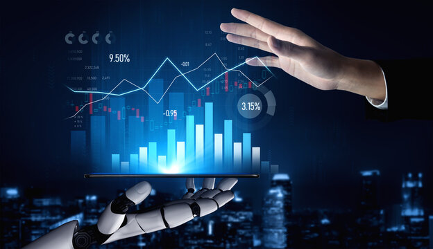 A robotic hand reaches toward a digital graph displaying financial data, symbolizing the fusion of technology and finance in innovative analysis and decision-making. Scalp