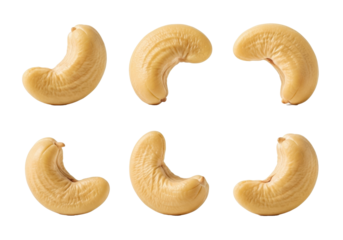 Six perfectly peeled raw cashews, golden-beige and subtly textured, in natural kidney shape, isolated on a transparent background with soft studio lighting, healthy food concept.