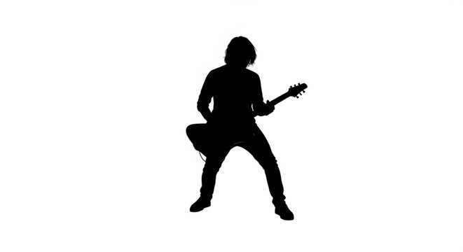 Silhouette of a guitarist playing an electric guitar on a white background in a musical performance