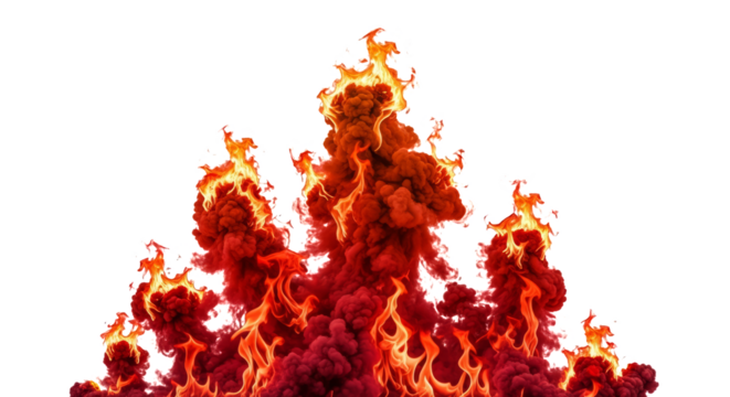 Vibrant and dynamic abstract fiery flames erupting upwards with intense heat and light isolated on transparent background