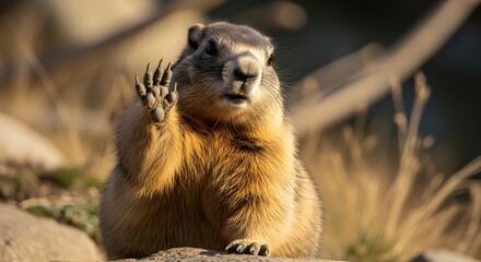 A fluffy yellow bellied marmot stands upright on a rock waving its paw in a sunny meadow