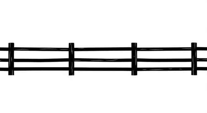 A simple black and white illustration of a rustic wooden fence with three horizontal planks shown