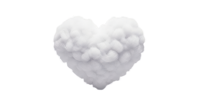 A delicate white feathered heart shape with intricate feather details isolated on transparent background