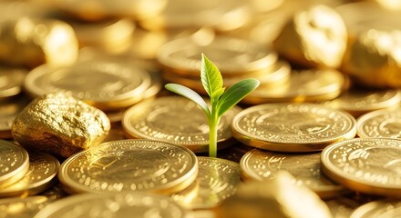 Investment Growth Concept Green Seedling Growing From Gold Coins