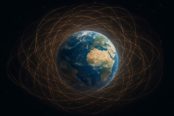 A detailed depiction of Earth in outer space, encircled by a multitude of interconnected, glowing trails representing the orbital paths of  thousands of satellites