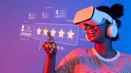 A young woman enjoys virtual reality by wearing a headset, engaging with digital reviews, highlighting happiness and the immersive nature of modern technology. Raster