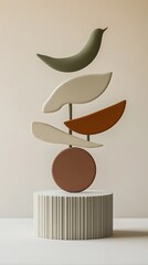 Abstract art sculpture featuring terracotta, cream and olive shapes balanced on pedestal table