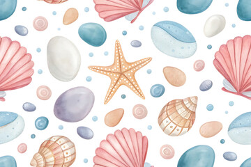 Seamless watercolor pattern of assorted seashells pebbles and starfish in pastel colors on a black background isolated on transparent background