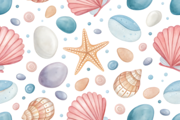 Seamless watercolor pattern of assorted seashells pebbles and starfish in pastel colors on a black background isolated on transparent background