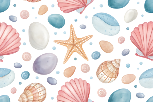 Seamless watercolor pattern of assorted seashells pebbles and starfish in pastel colors on a black background isolated on transparent background
