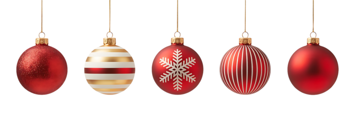 Five red christmas baubles isolated on transparent background, hanging from above