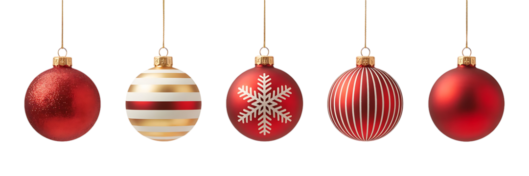 Five red christmas baubles isolated on transparent background, hanging from above - Powered by Adobe