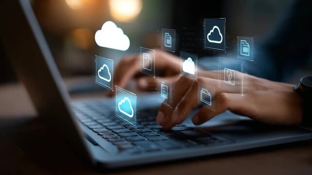 Hands typing on a laptop with cloud computing icons floating above the keyboard, representing data storage and online services