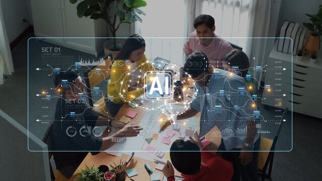 A diverse team collaborates on an innovative artificial intelligence project, highlighting teamwork and creativity through digital interface graphics and brainstorming activities. Raster