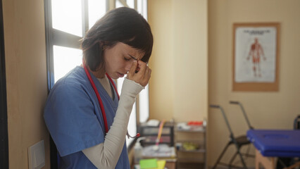 Woman nurse removes glasses in medical building hallway under window light while leaning against...