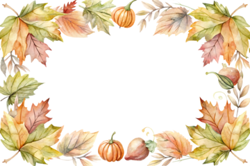Watercolor autumn leaves and pumpkins border frame with empty center for text isolated on transparent background