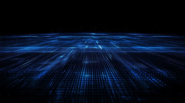 Abstract blue digital grid landscape, futuristic technology background with perspective and dark backdrop