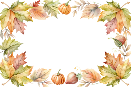 Watercolor autumn leaves and pumpkins border frame with empty center for text isolated on transparent background