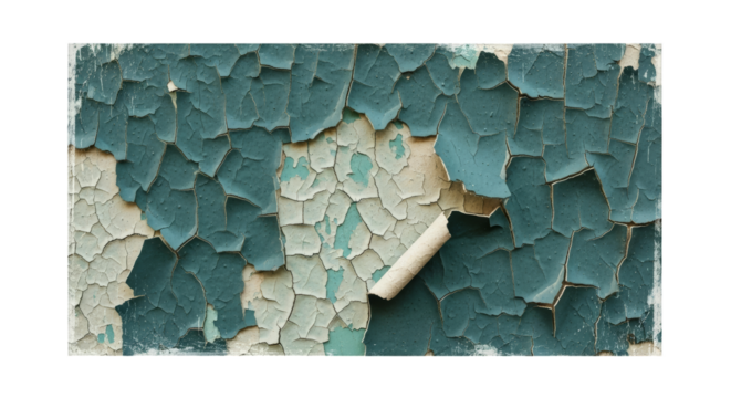 Close up of peeling teal and beige paint on a textured surface isolated on transparent background