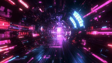 Navigating abstract digital tunnel with glowing neon lights - Powered by Adobe