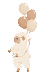 Little lamb with balloons . Illustratin in neutral pastel tones. Funny cartoon lamb for childrens design, baby shower decoration, nursery prints, and greeting cards.