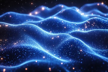 Abstract blue waves of glowing dots with orange bokeh sparkling gently in the dark
