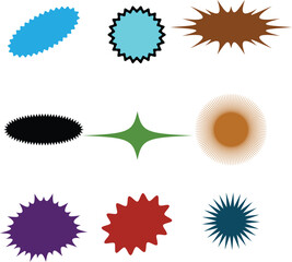 Colorful Starburst Vector Shapes Set, Abstract Badge Elements, Geometric Burst Icons