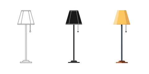 Minimalist Floor Lamp Vector Illustration in 3 Style, Line Art, Silhouette and  Color Vector for Interior Decoration Concepts