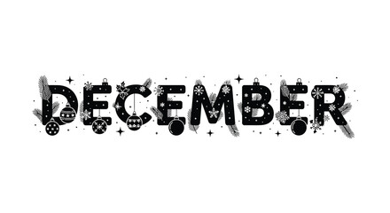 Festive december text with christmas ornaments and snowflakes for holiday season