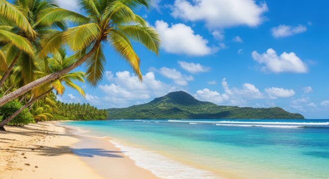 A beautiful tropical beach with palm trees leaning over the sand and crystal clear turquoise water lapping at the shore under a bright blue sky with fluffy white clouds - Powered by Adobe
