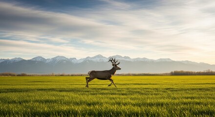 Deer Running in a Field with Mountains - A deer runs across a vibrant green field with mountains in the background, symbolizing freedom, nature, wildlife, peace, and exploration