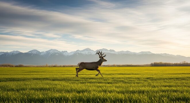 Deer Running in a Field with Mountains - A deer runs across a vibrant green field with mountains in the background, symbolizing freedom, nature, wildlife, peace, and exploration