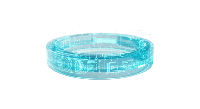 Futuristic holographic circuit board ring with glowing cyan lines isolated on transparent background