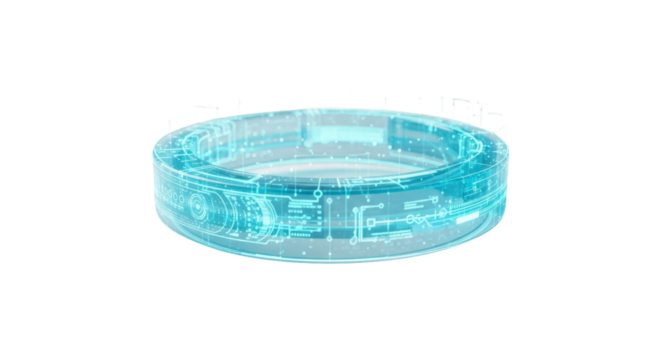 Futuristic holographic circuit board ring with glowing cyan lines isolated on transparent background