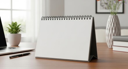 Desktop Calendar Mock Up on Wooden Desk - A blank calendar mock up sits on a desk, symbolizing planning, productivity, organization, time management, and workspace design