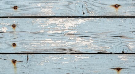Distressed Blue Wood Background - Close-up of weathered blue wooden planks with peeling paint and rusty nails, creating a rustic texture