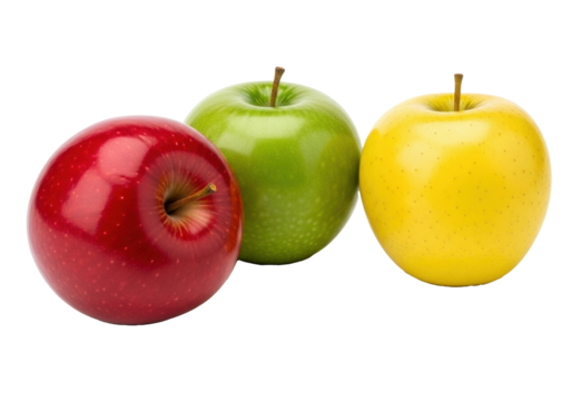 Vibrant red, green Granny Smith, and yellow Golden Delicious apples in a staggered cluster on a transparent surface with soft reflection, ample copy space, healthy eating concept - Powered by Adobe