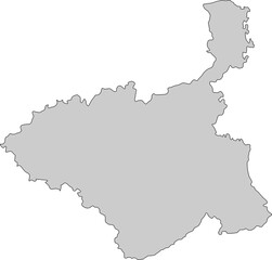Konturowa, jednobarwna mapa przedstawiająca granice Księstwa Warszawskiego z lat 1809–1815, ukazująca historyczny zasięg terytorialny państwa z epoki napoleońskiej.