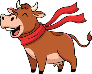 Happy cartoon cow illustration, joyful farm animal with red scarf, cute vector design for children’s books, educational content, festive decorations