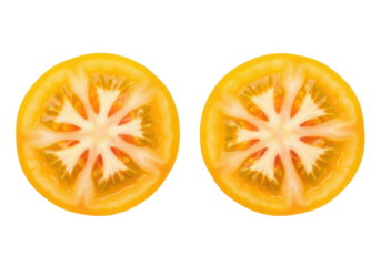 Two vibrant yellow ripe tomato slices, translucent flesh, dark seeds, intricate locules, perfectly cut, centered on a transparent background with copy space, professional studio lighting, concept of